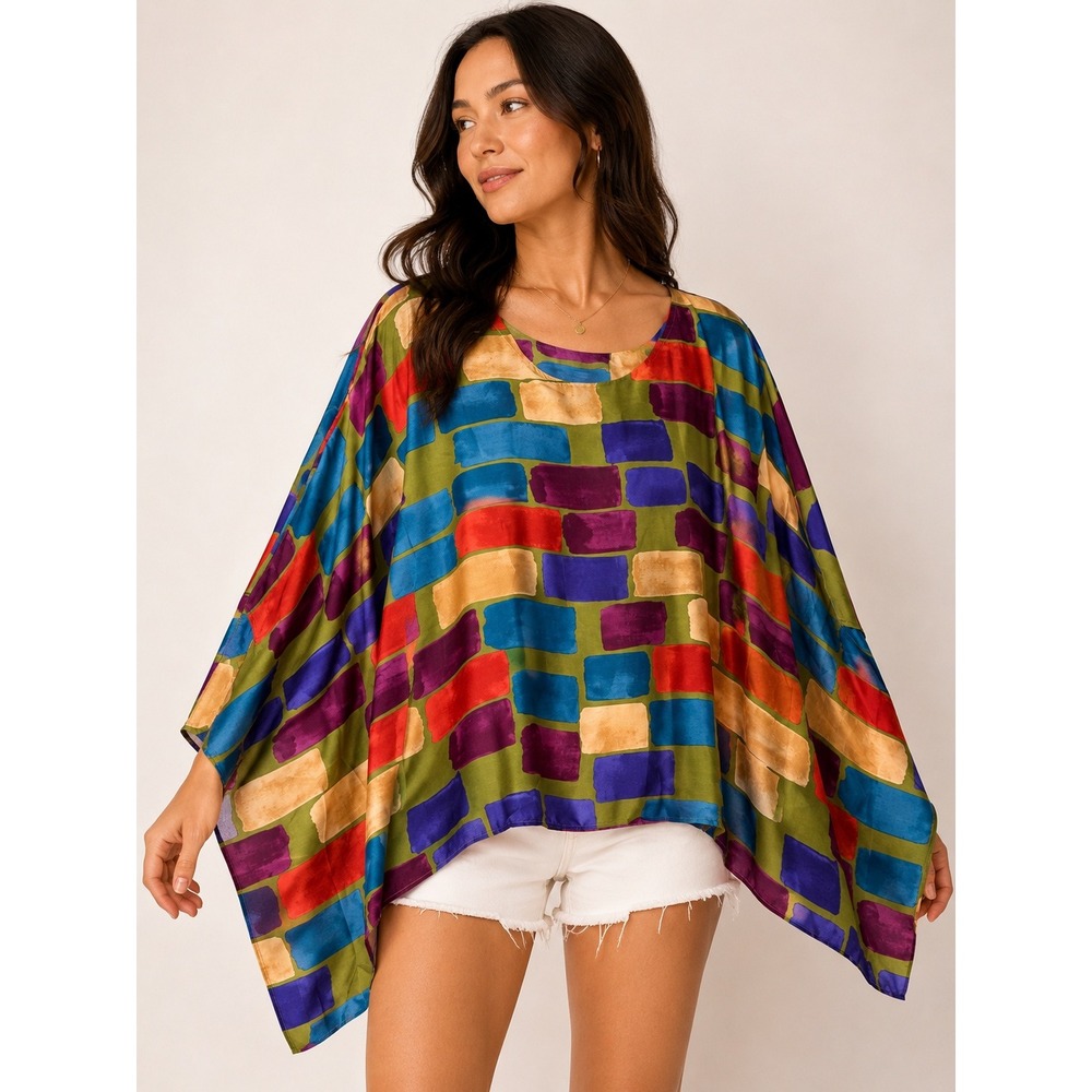 Easel Los Angeles Color Block Poncho Blouse Oversized Satin Top ET24290 S